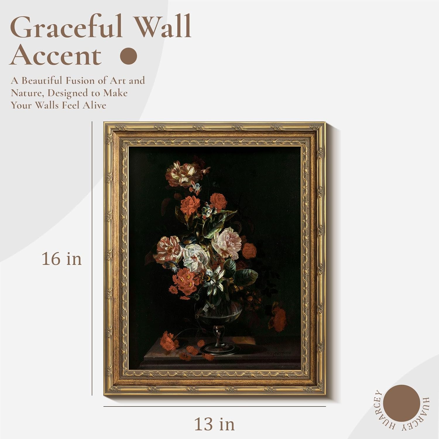 HUARCEY 13"x16" Glass Vintage Rose Canvas Wall Art Framed, Antique Rose Still Life Painting with Ornate Gold Frame, Botanical Wall Decor, Classic Floral Artwork for Living Room Bedroom Office