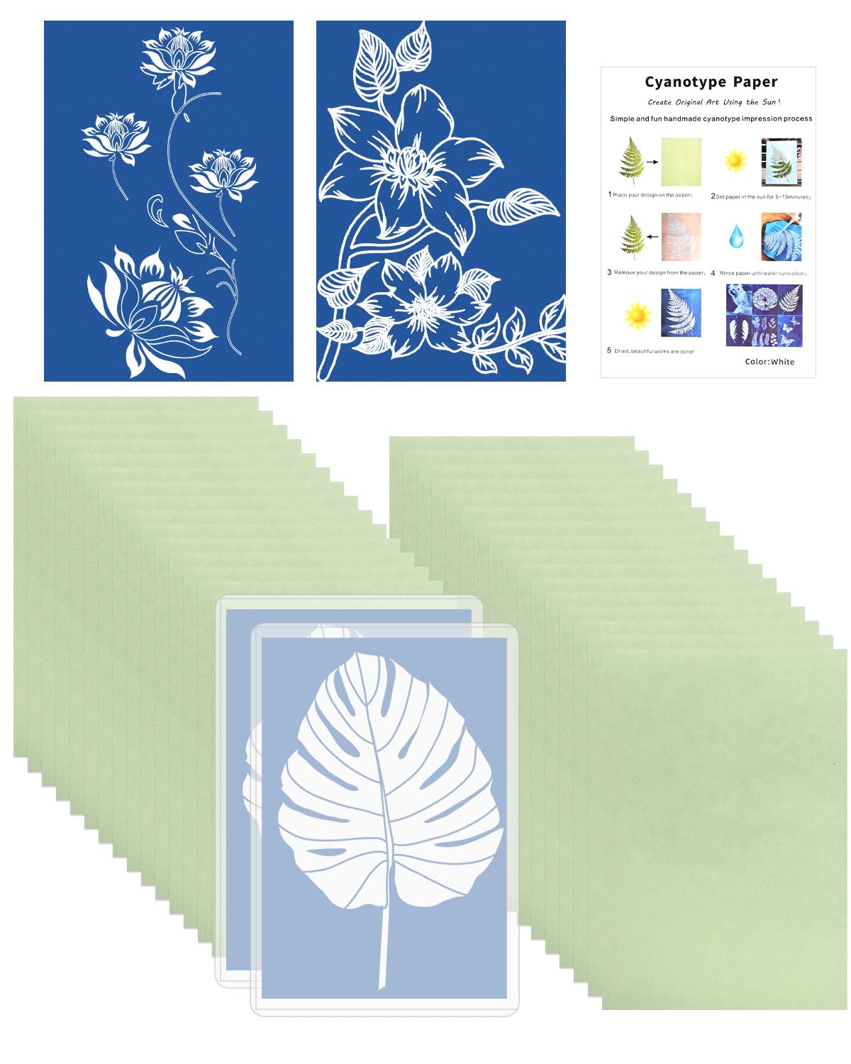 KKUOYT 32Pcs Sun Print Paper Kit, A5 Cyanotype Paper, Sun Printing Papers with Transparent Folder High Sensitive Nature Solar Activated Art Sheets for DIY Arts Crafts Projects