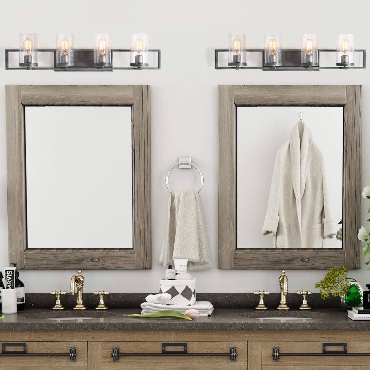LALUZ Farmhouse Bathroom Light Fixture, Rustic Vanity Lighting with Seeded Glass, Modern Vanity Light in Dark Silver Brushed, 31.5 inches