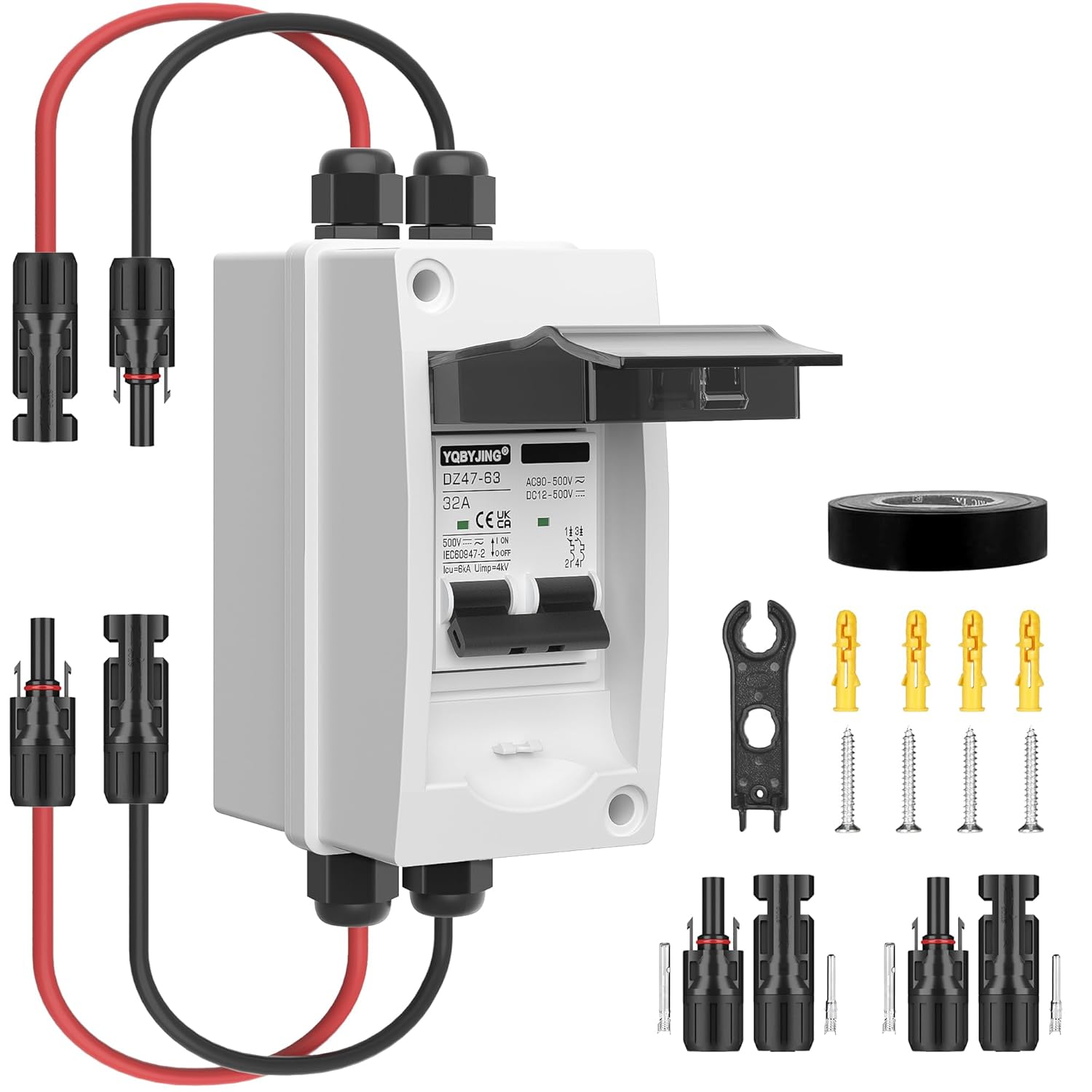 Solar Panel Disconnect Switch 32 Amp 4 Holes DC AC Miniature Circuit Breaker 500V 2 Poles with PV Connector and IP65 Waterproof UV-Proof Box for Outdoor Solar PV Homes Battery