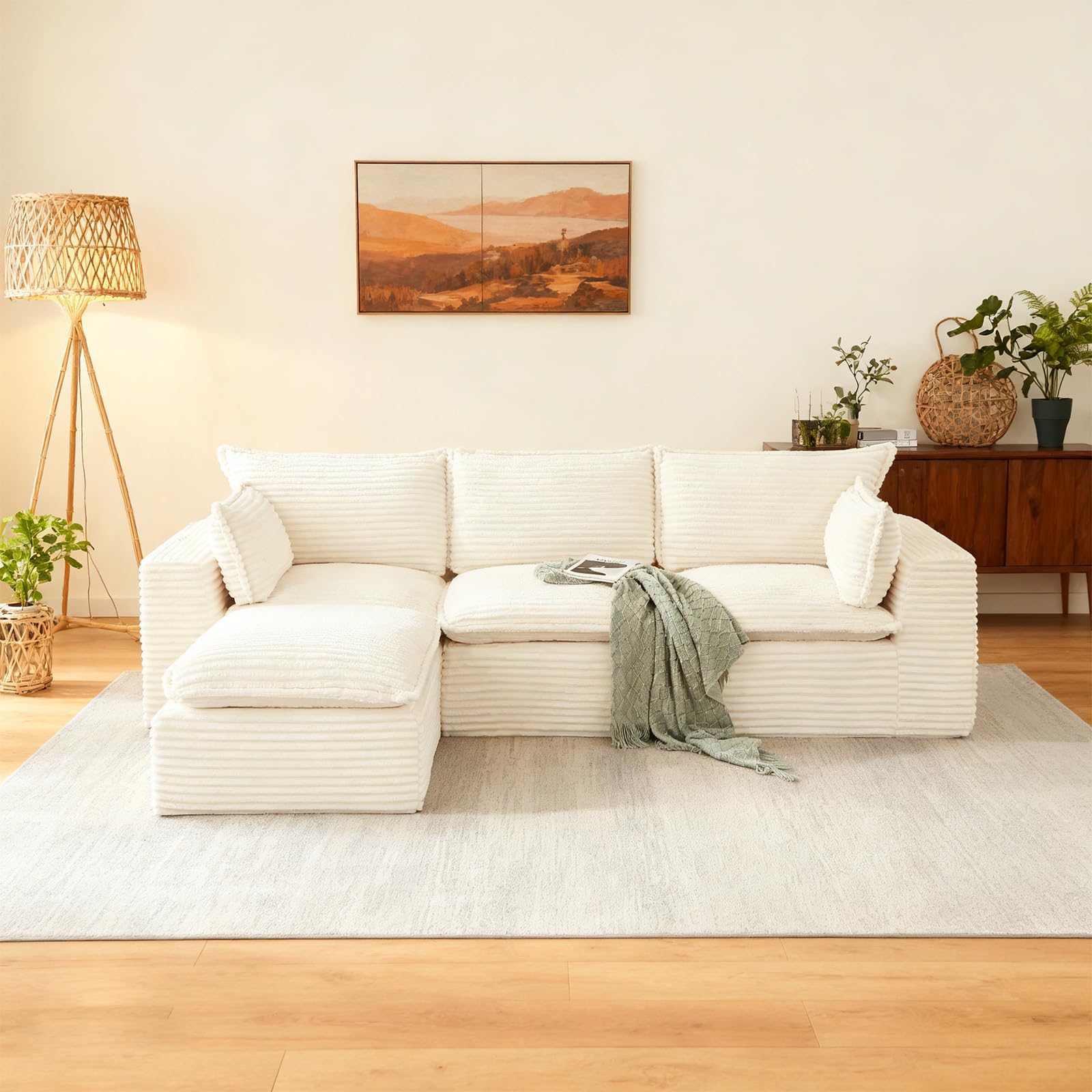 110" Cloud Sectional Couch for Living Room,Boneless Couches with Ottoman,Upholstered Modular Sectional Sofa with L Shaped (Beige, 3 Seater + 1 Ottoman