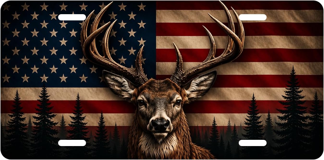 Deer License Plate, Aluminum Decorative Personalized License Plate American Flag Pine Forest Hunting Novelty Vanity Tag Cover with 4 Holes 6×12 inch Car Decor Accessory