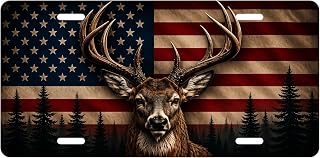 Deer License Plate, Aluminum Decorative Personalized License Plate American Flag Pine Forest Hunting Novelty Vanity Tag Cover with 4 Holes 6×12 inch Car Decor Accessory