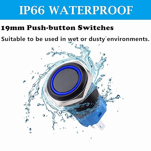 Miniatura 4 de JIQI Interruptor de botón momentáneo de 0.748 in, impermeable, 12V-24V, 1NO 1NC, anillo de interruptor de botón de aleación de aluminio negro LED