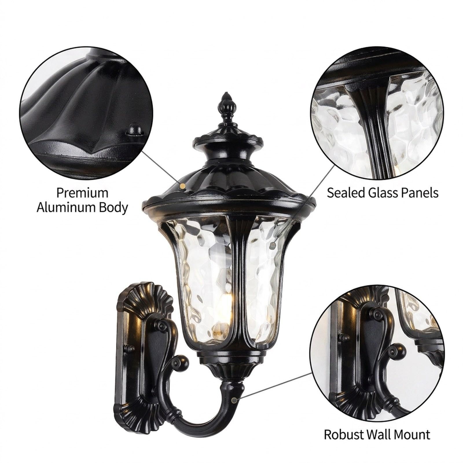 Applique Murale Extérieure Classique Européenne avec Douille E27, en Aluminium et Verre Résistant à l'eau, Offrant Une Luminosité Accueillante, Noir 23 Cm X 50 Cm