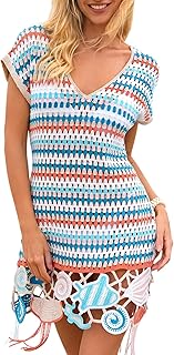 FAIRY SEASON Women's Crochet Beach Coverup Embroidered Vacation Dress | 3D Ocean Embroidery, Boho Tassel Swimsuit Cover Up, V Neck Striped Colorful Resort Wear, Hawaii Travel, Summer Party Outfits