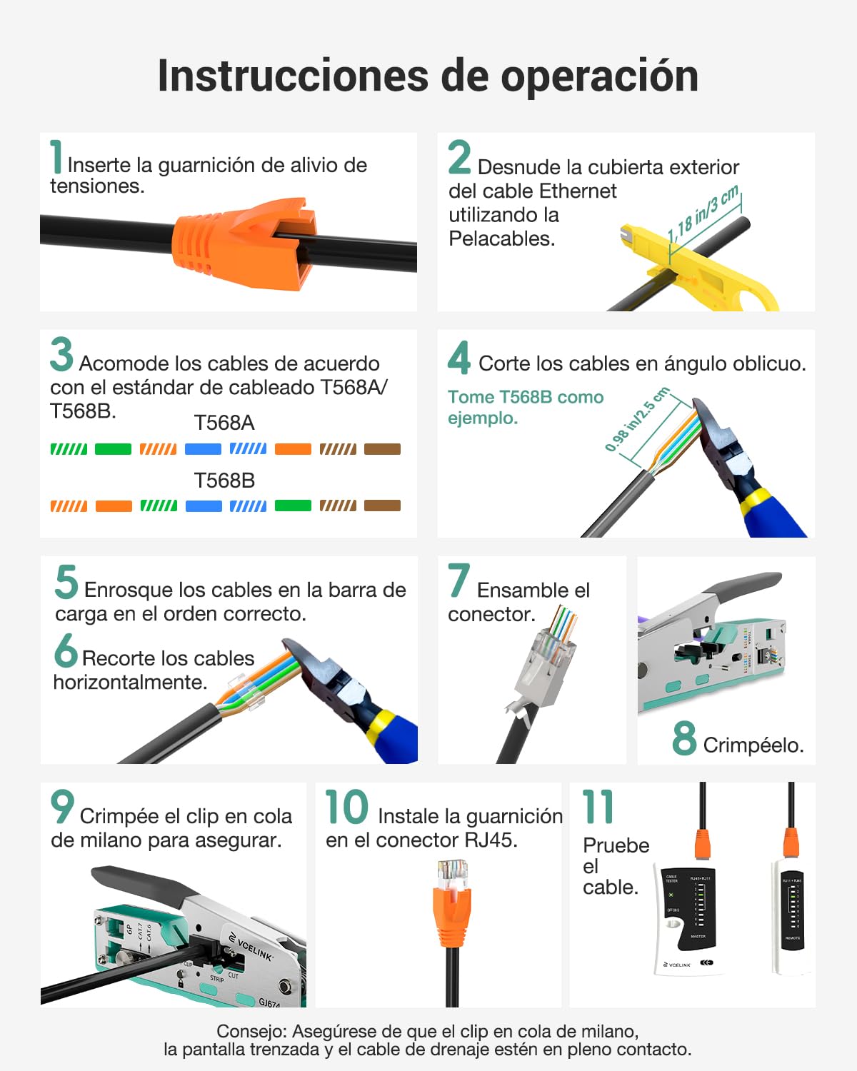 VCELINK Kit de Crimpadora RJ45 Profesional Compatible con CAT7/CAT6A/CAT6/CAT5E/CAT5, Incluye Comprobador RJ45, Pelacables, 20 x Conectores RJ45, Impacto RJ45, Alicates de Corte, Bolso de Tela