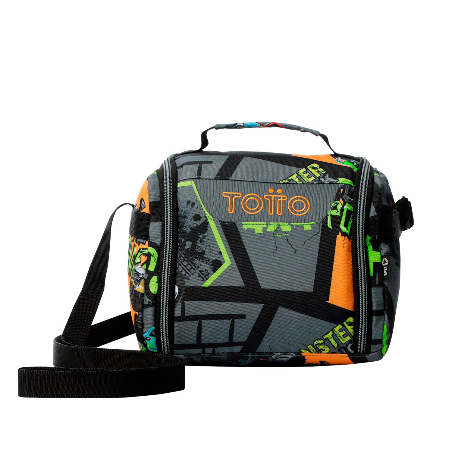 TOTTO - Bolsa Térmica Porta Alimentos 8L, Modelo Resaltador, 25 x 20 x 17 cm, Portameriendas Infantil, Apertura 180º, Asa de Mano, Correa Ajustable, Pasador para Mochila con Ruedas, Color Truck Negro