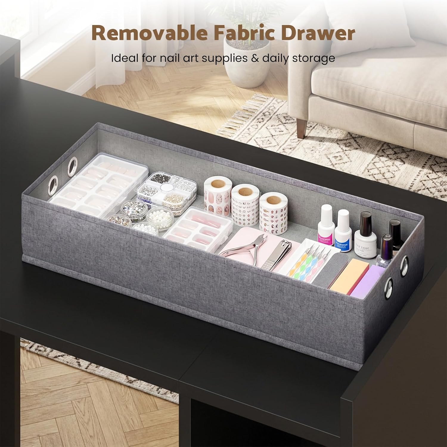 Kikihouse Foldable Manicure Table Nail Desk, Extendable Nail Tech Table with Storage Shelves & a Fabric Drawer, Wall Mount Nail Station Modern Multipurpose Table Home Office Beauty Spa Salon, Black