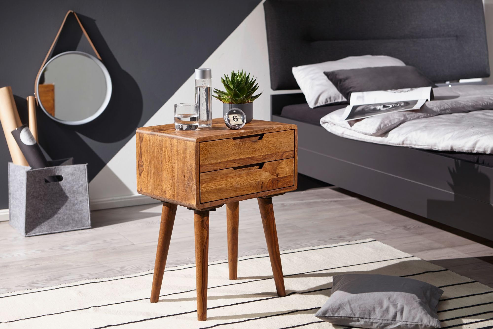 WOHNLING Konsola Nocna 47x36x66 cm Lite Drewno Sheesham, 2 Szuflady | szafka nocna w stylu rustykalnym z elementy retro, komoda nocna do łóżka kontynentalnego, ręcznie wykonany unikat
