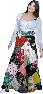 Mogul Interior Hippie Skirt Rose Red Floral Patchwork Cotton Long Wrap Skirt