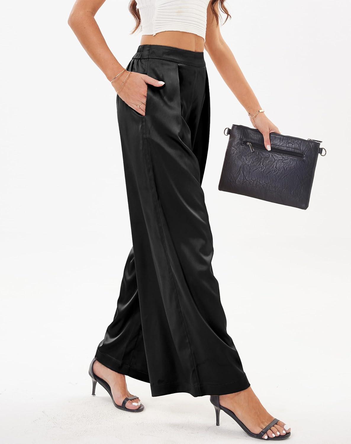 Fakanhui Women's Wide Leg Palazzo Pants Satin Work Business Casual Slacks Dressy Pleated Party Club Trouser - Image 4