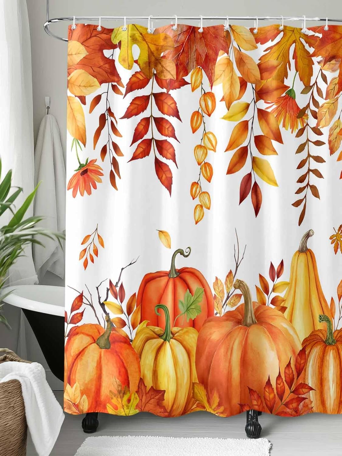Fall Pumpkins Maple Leaf Shower Curtain Orange Autumn Leaves Harvest Waterproof Shower Curtain with Hooks Thanksgiving Farmhouse Shower Curtains for Bathroom, Hotel, Stalls, Bathtubs, 66x72 Inch