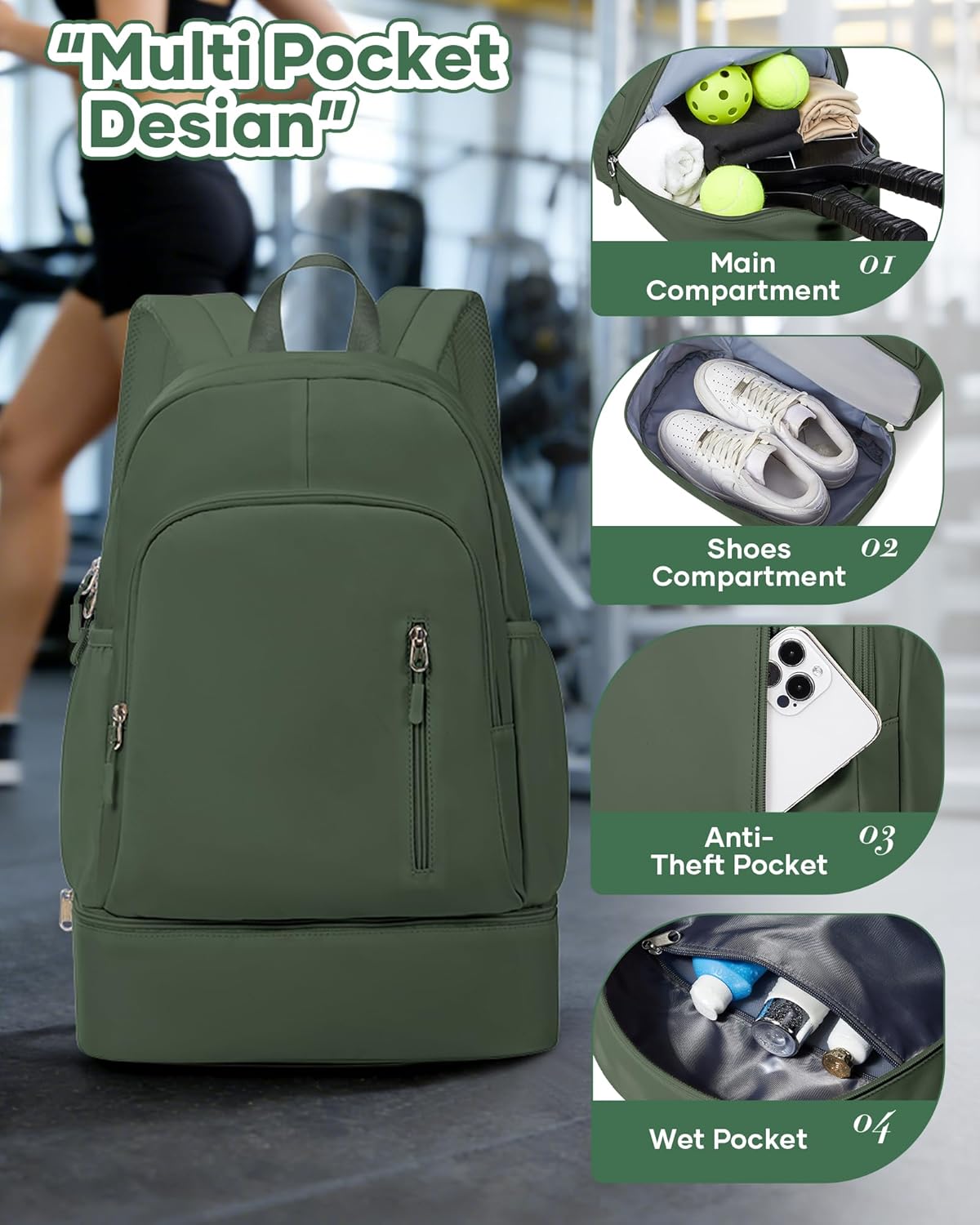 Gym Backpack for Women Men,Waterproof Gym Backpack with Shoe Compartment,Lightweight Sports Gym Bag Casual Daypack,Army Green