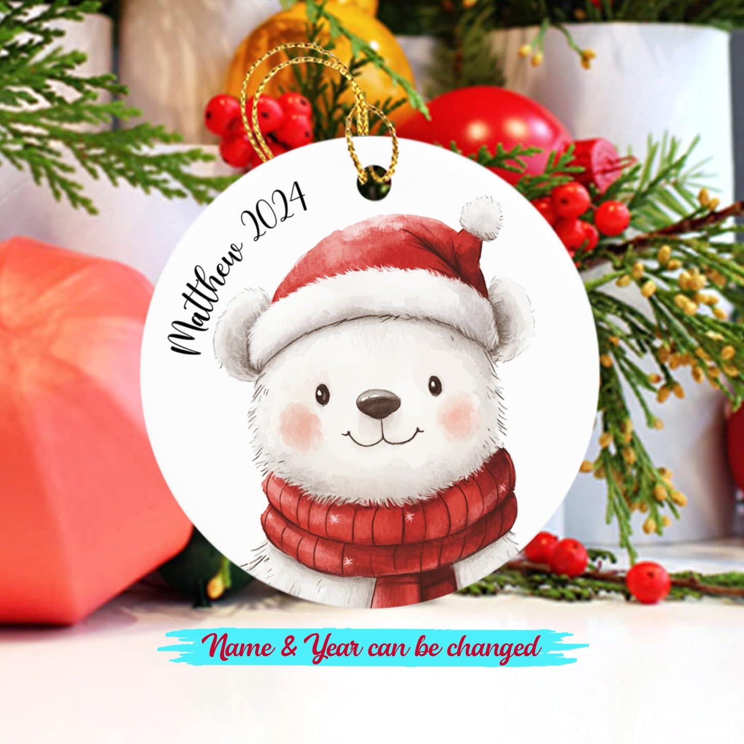 Personalized Polar Bear Christmas Ornament 2025 - Custom Year & Name Gift for Bear Lovers, Kids, Boys, Girls - Cute Xmas Animal Decor