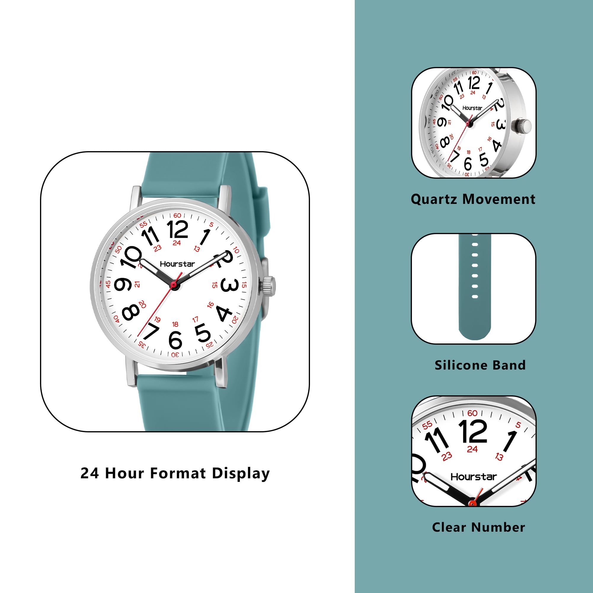 Reloj analógico de enfermera para mujer con segunda mano para enfermería, 12/24 horas, correa de silicona, fácil lectura (cian)