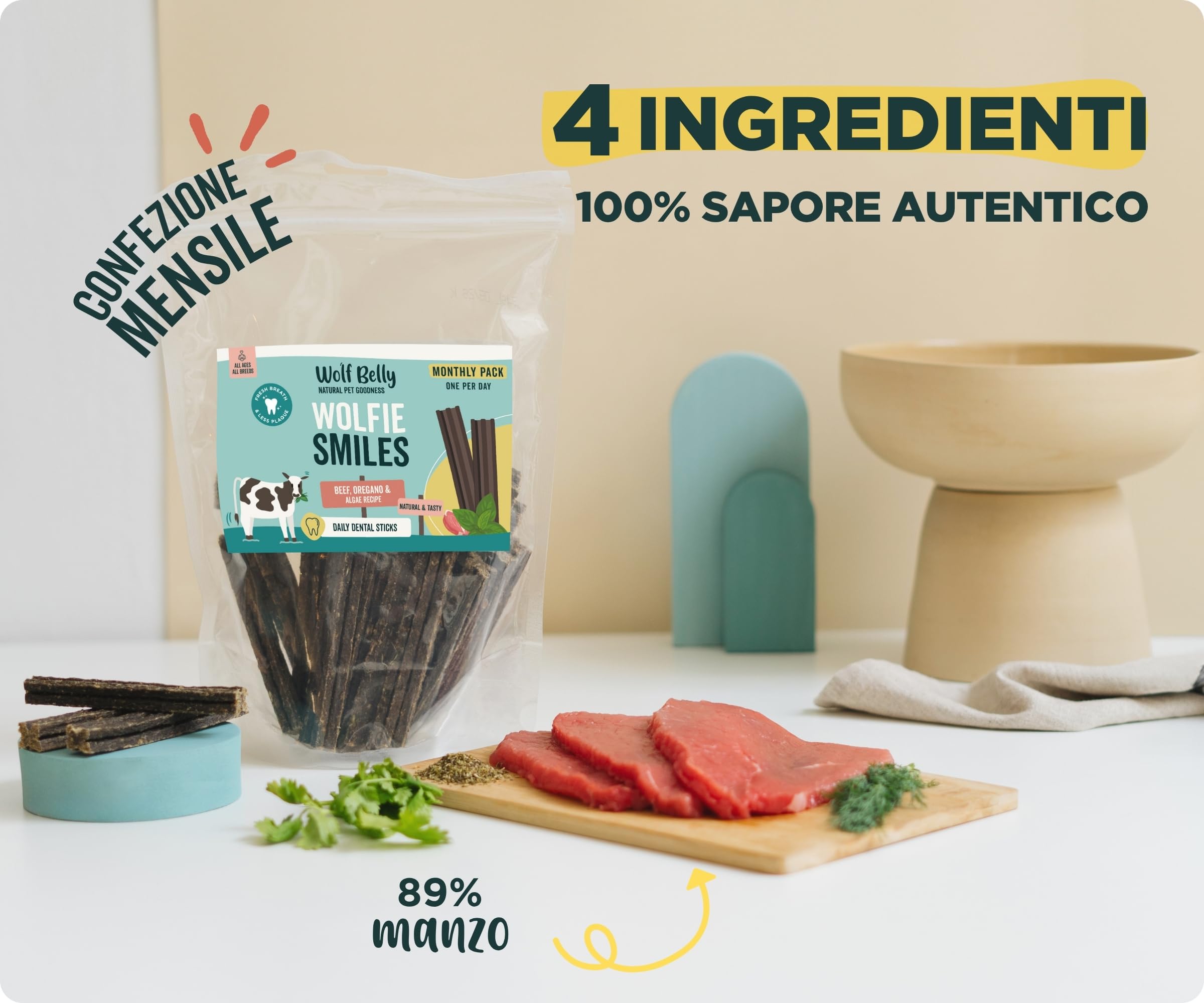 Wolf Belly - Dental Stick per Cani Naturali (28 pz) 89% Manzo Senza Cereali | Igiene Dentale & Alito Fresco | Ascophyllum Nodosum | Delizioso Sapore di Carne | Ricco di Proteine - Prodotto in Europa