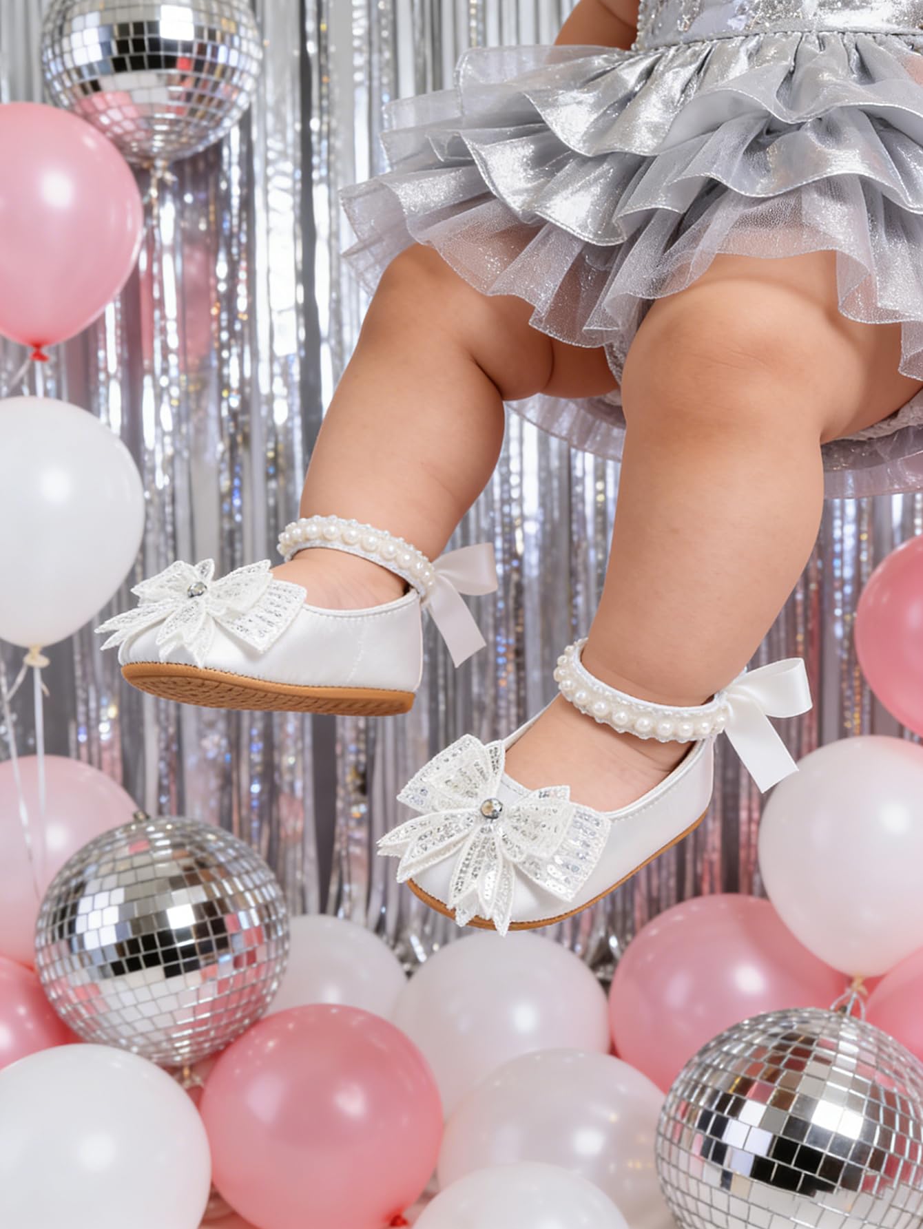 Spring & Summer Baby Girl Satin Princess Shoes- Infant Mary Jane First Walkers with Soft Sole, Pearl & Bow for 0-18 Months - 3