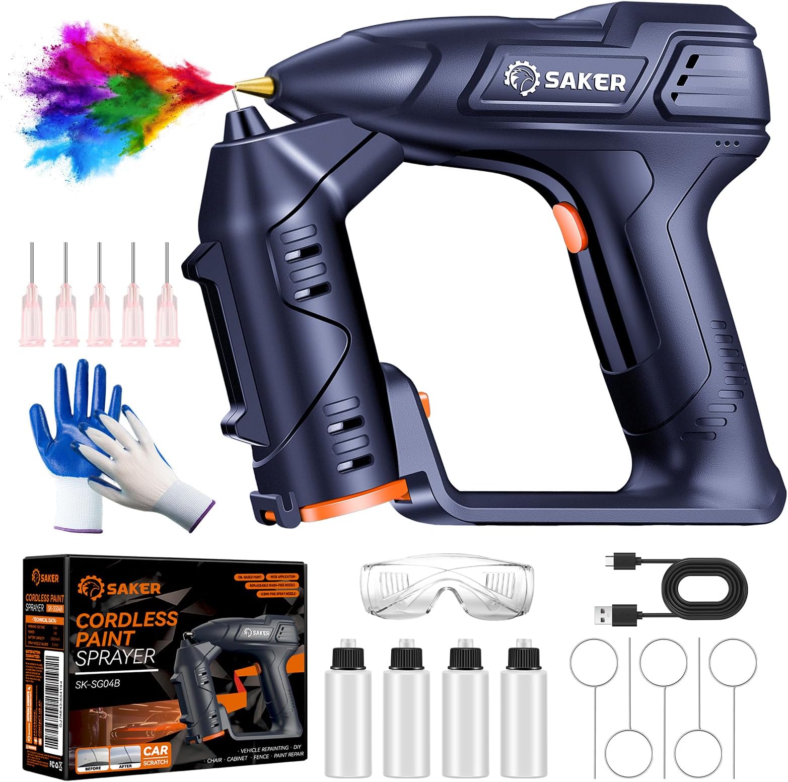 Saker Electric Paint Sprayer Gun for Car, Handheld High Power Portable Cordless Spray Paint Gun for Painting Cars,Cabinet, Paint Repair and DIY 3 Gears Blue