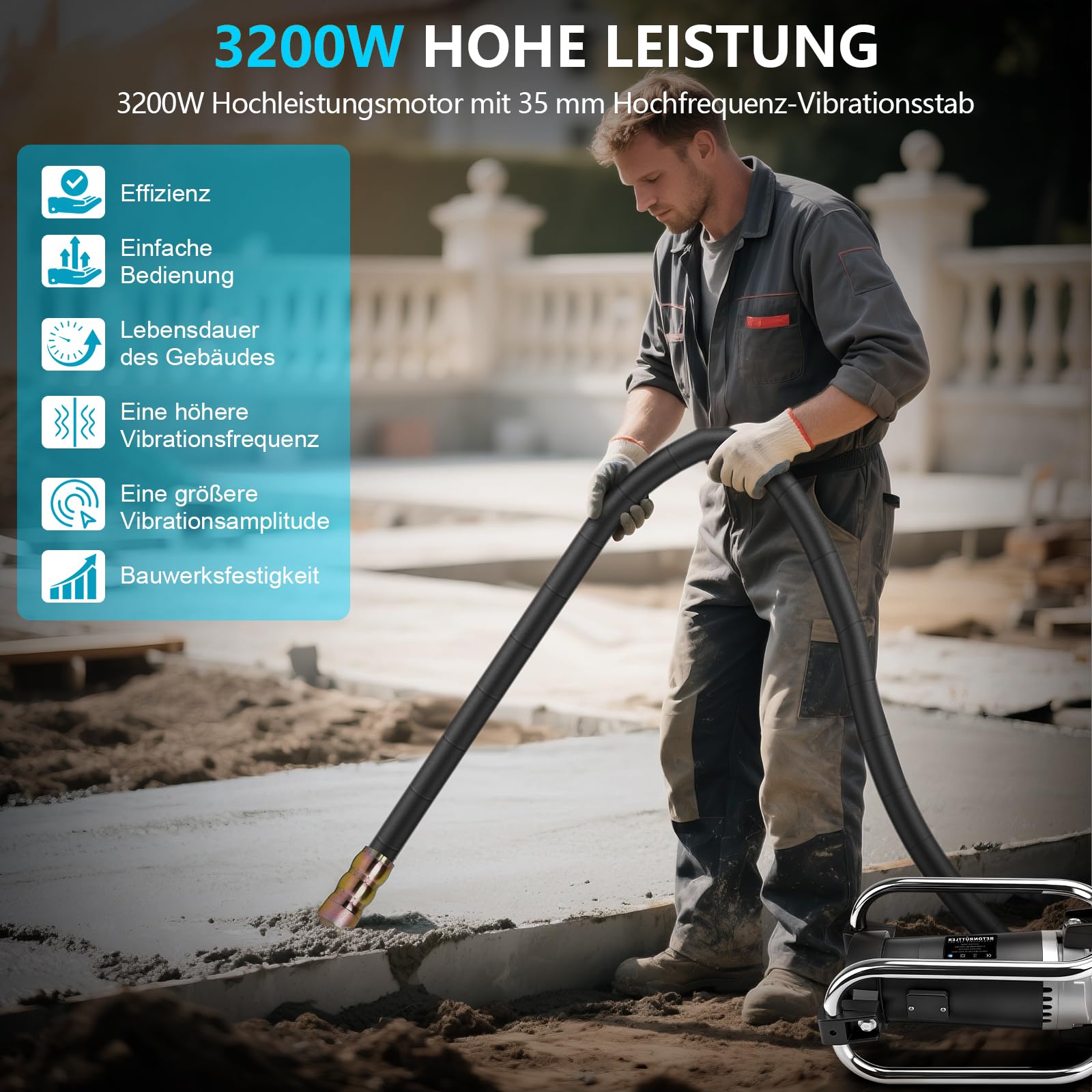 3200 W Betonrüttler mit 35mm 4m Kabel Betonverdichter, 6800U/min | Flaschenrüttler Beton Rüttler Innenrüttler mit Einer Isolationsschicht für Fundamente, Säulen und Bodenplatten