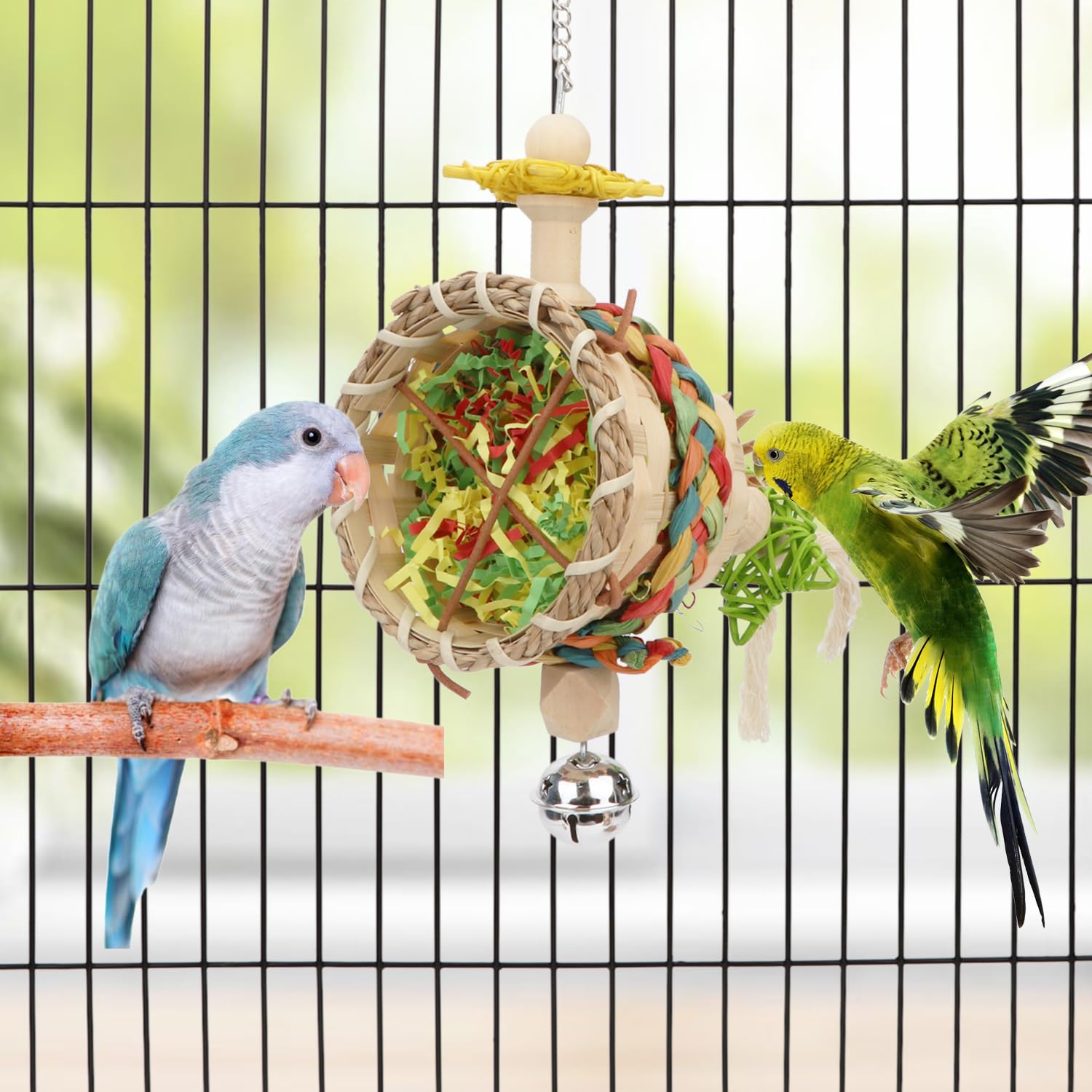 Hypeety Bird Foraging Toys Natural Seagrass Woven Basket Parrot Foraging Chewing Toy with Bell Colourful Parakeet Hanging Toys for Cockatiel Sun Parakeet Budgie Lovebirds (1 pc Woven Basket) - image 6