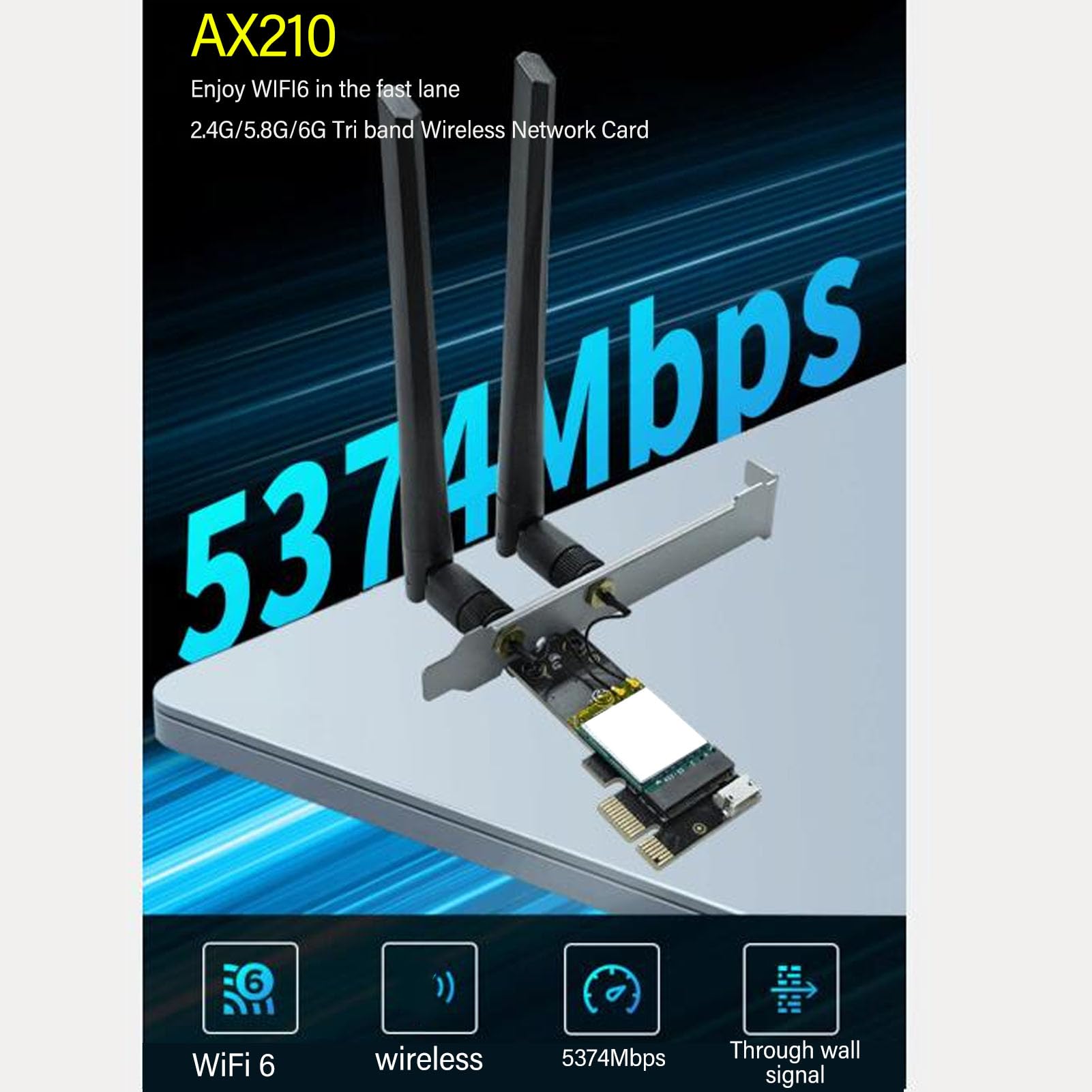 ASHATA Scheda WiFi 6 AX210 PCIe per desktop, 5374 Mbps 2,4 G 5,8 G 6 G 3 bande wireless WiFi 6 per PC con supporto BT 5.3 per Windows 10 per Windows 11