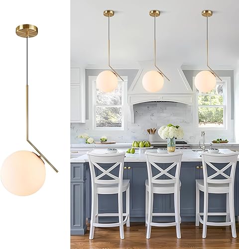 Miniatura 9 de BOKT Lámpara colgante moderna con forma de globo de mediados de siglo, latón cepillado, luz colgante ajustable con vidrio blanco esmerilado para