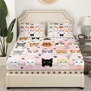 Cute Cats Fitted Sheet Twin Size,Cartoon Paw Print Bedding Set for Kids Girls Boys Adults Bedroom Decor,Lovely Pets Animals Kawaii Bed Cover,Pink Romantic Bed Sheet,1 Pillowcase