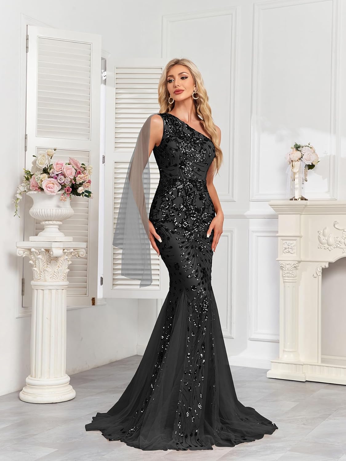 One Shoulder Glitter Mermaid Dress for Mother of The Bride Women's Sexy Sequin Formal Gown - Image 5
