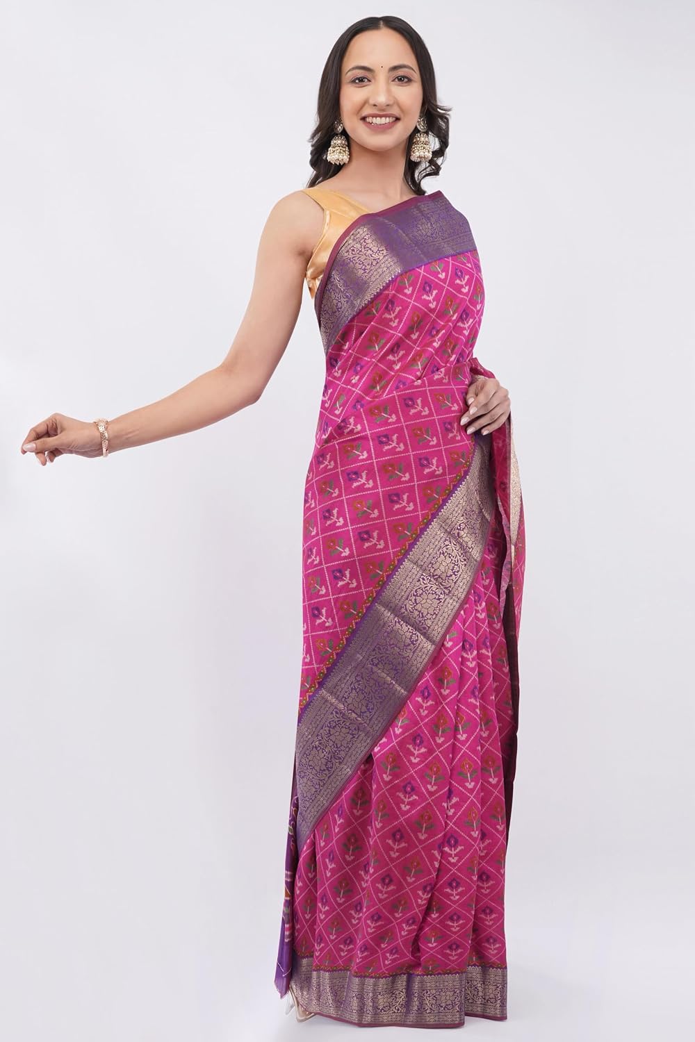 Women’s Patola Silk Saree with Floral Jaal Design & Zari Work | Luxury Traditional Ethnic Saree for Festive & Wedding Wear Yellow