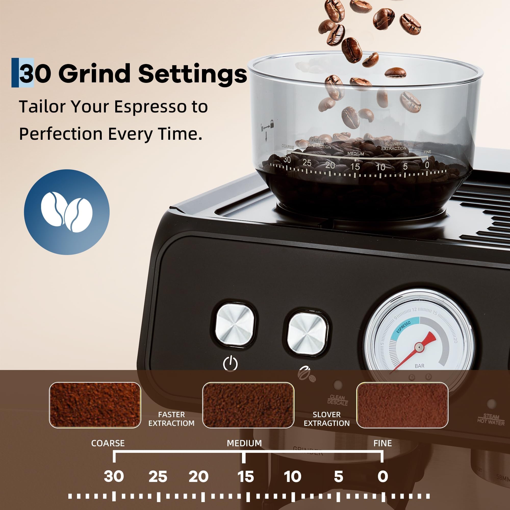 Macchina per espresso da 20 bar con smerigliatrice integrata, serbatoio rimovibile da 2,8 litri, volume di alimentazione regolabile e barra di vapore, macchina da caffè in acciaio inox