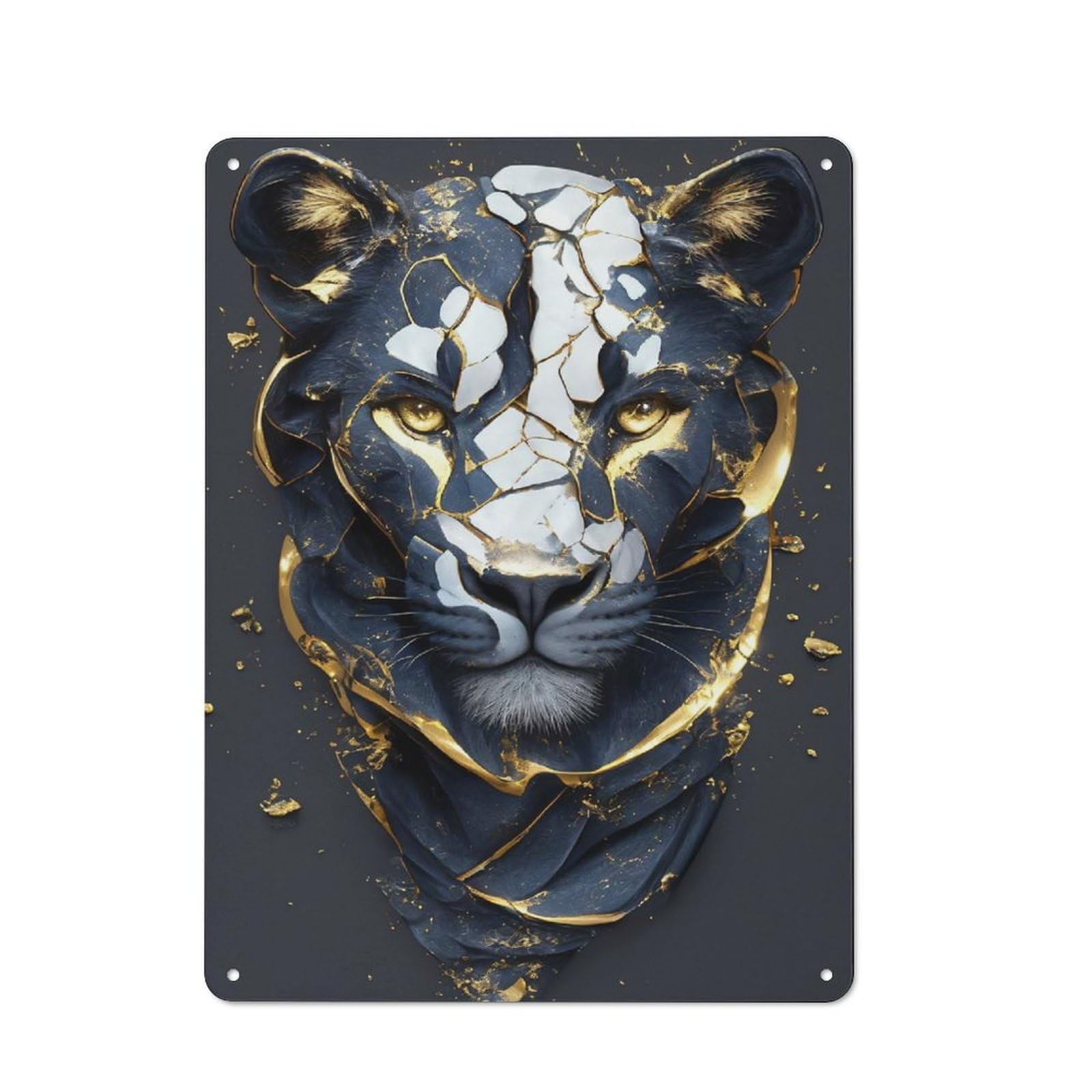 Junmoney Style-17 Tin Wall Plaque 40X30cm With Abstract Panther Portrait With Gold Accents For Hallway Wall, Suited To Hallway Decor Lovers, For Retro Home Interiors