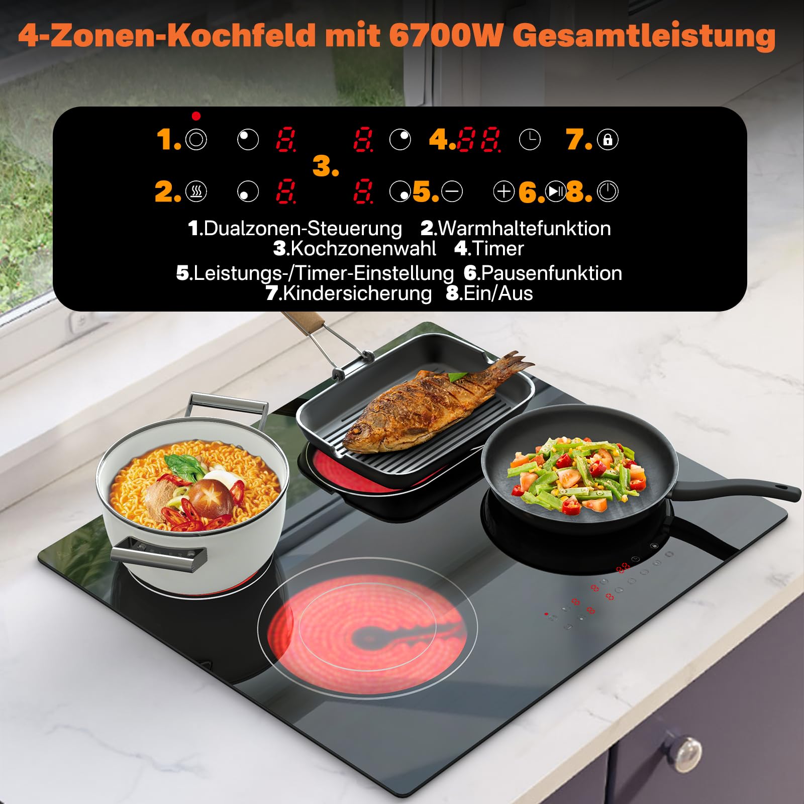 60 cm Glaskeramik Kochfeld 4 Zonen, Infrarot Elektrokochfeld Einbau 230V, 9 Leistungsstufen, Timer, Pause, Warmhaltefunktion, Kindersicherung, EU46T1-1R