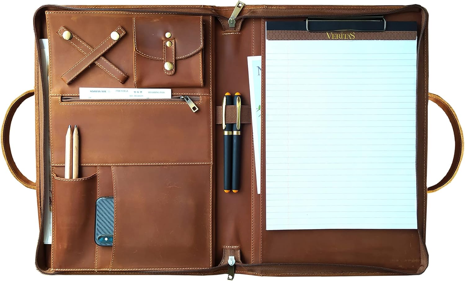 Oversized Leather Portfolio, Zippered Clipboard Padfolio with Handle, Legal Size 8.5x14 Notepad Planner, 15" Laptop Organizer Folio (Standard)