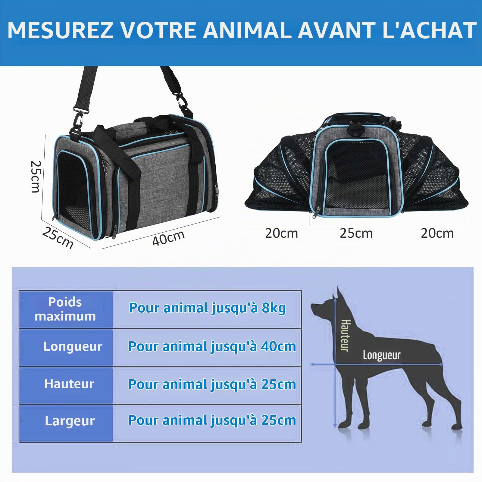 Sac de Transport Chat Chien Extensible Respirant, Sac à Main Bandoulière Pliable pour Animal de Compagnie avec Matelas Amovible, Cage de Transport pour Camping Randonnées Voyage (M)