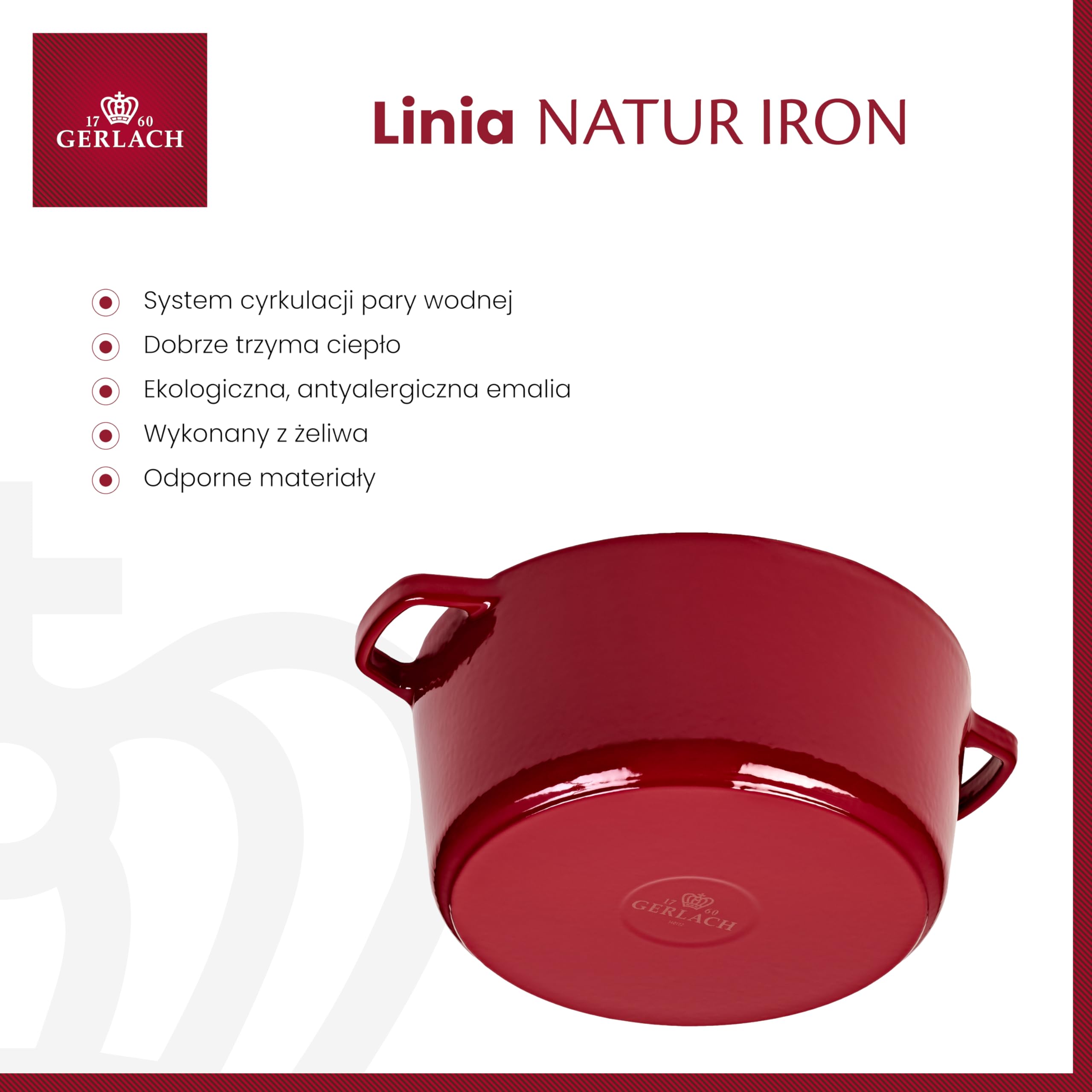 Gerlach 1760 Żeliwny Garnek Do Pieczenia Garnek Do Gotowania Smażenia Emaliowany Z Pokrywką 5 l Bordowy Natur Iron