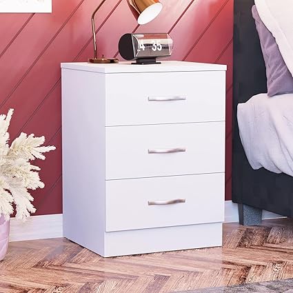 Furnilife Designs White Bedside Cabinet Chest of Drawers, 3 Drawers with Metal Handles and Runners, Unique Anti-Boking Drawer Bedroom Furniture