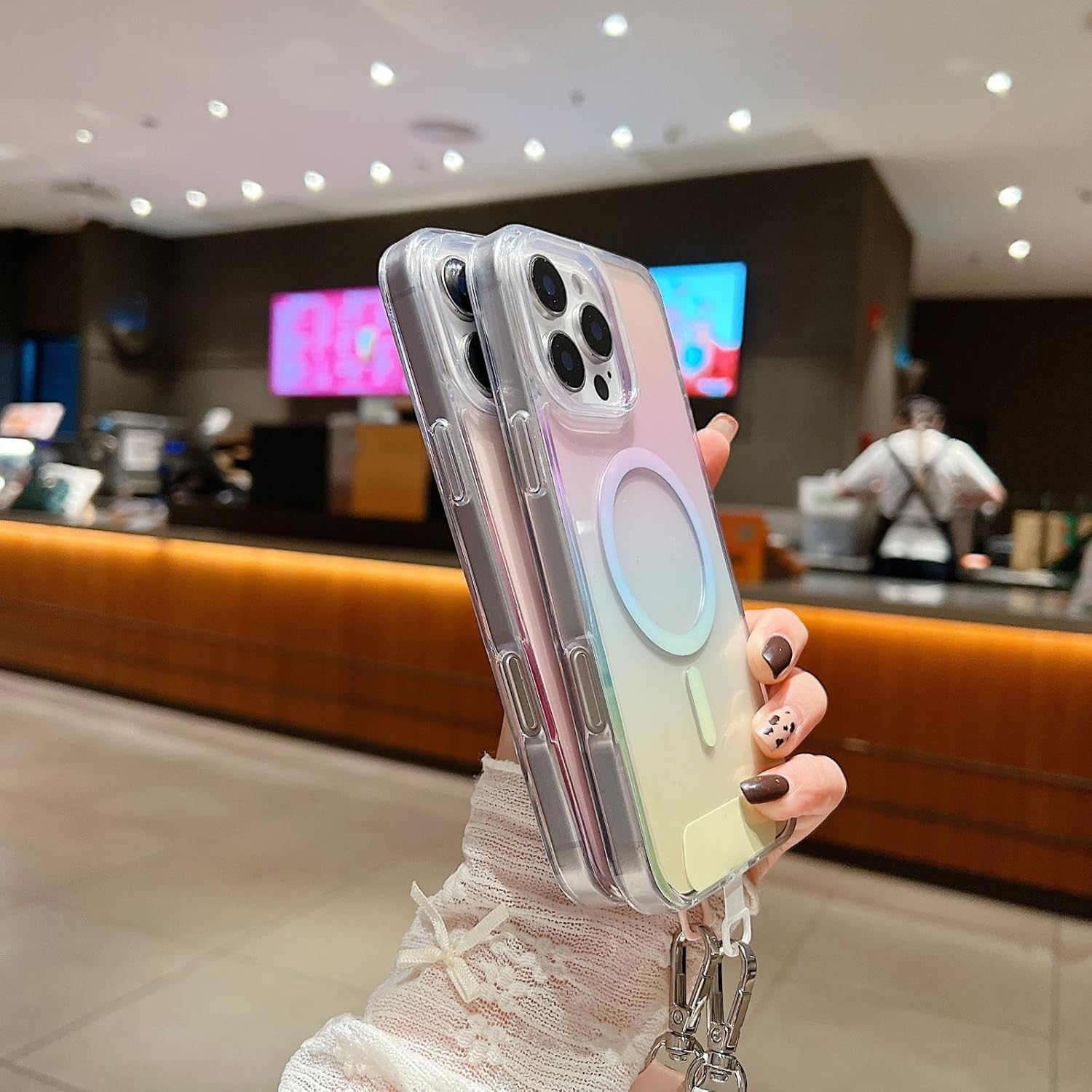 Crossbody Necklace Lanyard Gradient Rainbow Laser Cover(for iPhone 11/Gray)