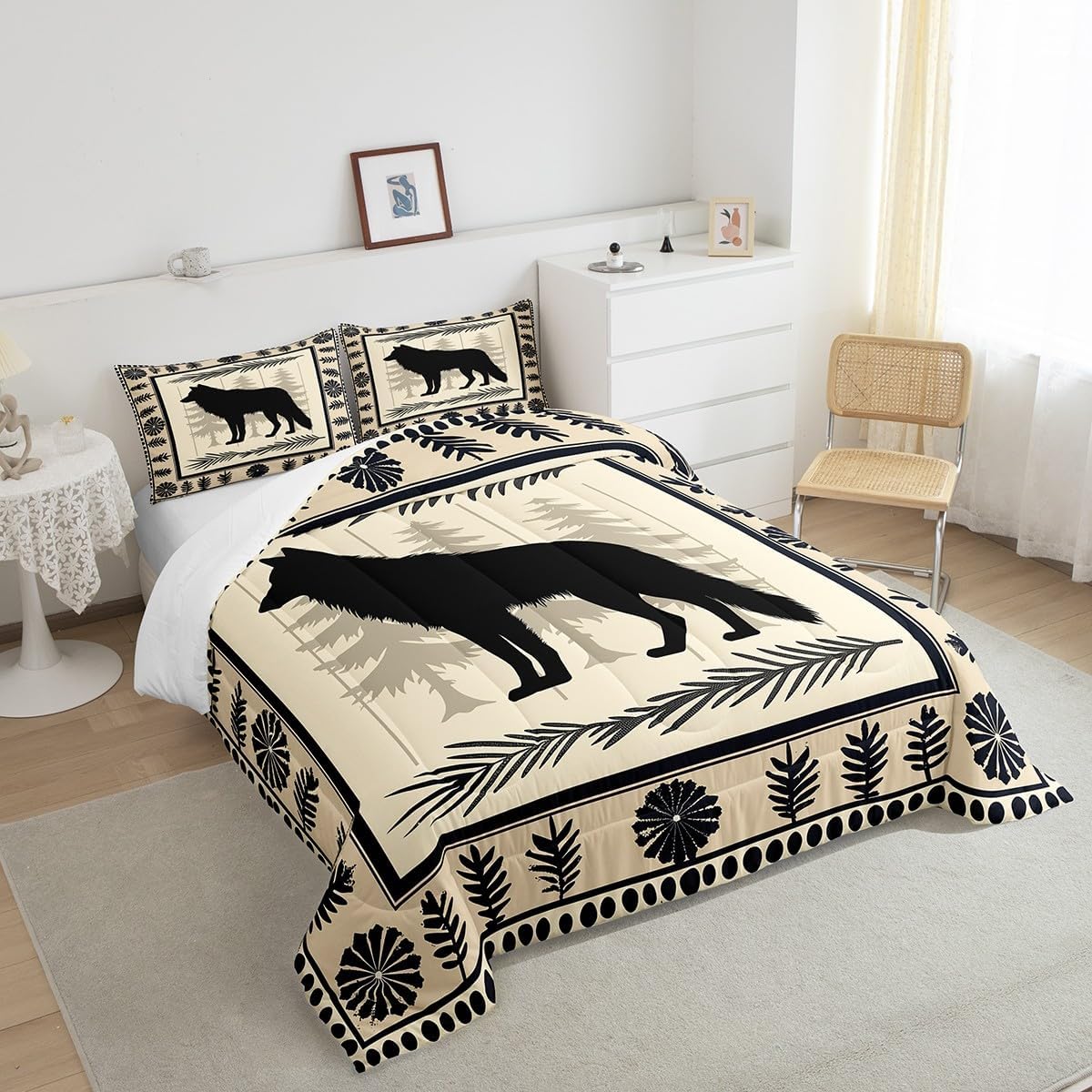 Feelyou Wolf Bedding Set Twin Size,Wolves Howling Comforter Set for Kids Boys Girls Teens,Rustic Farmhouse Cabin Down Comforter,Animal Wolves Tree Print Duvet Insert with 1 Pillow Cases