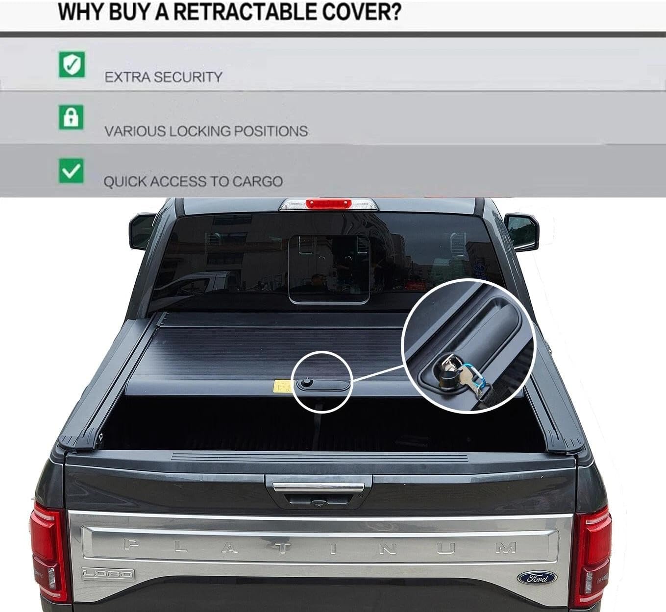 Retractable Truck Bed Tonneau Cover Aluminum for Ford F-150 2009-2025 with 5.5ft Beds and Built-in Drainage Pipe.
