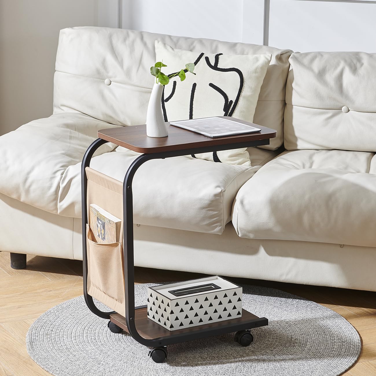 Menaka Small Sofa Table Side End Table Oval with 2 Tiers Storage Shelf, Little Corner Coffee Table Wood with Metal Frame Tea Table Bedroom Beside Table Nightstand (C-shape black) (Dark Walnut)