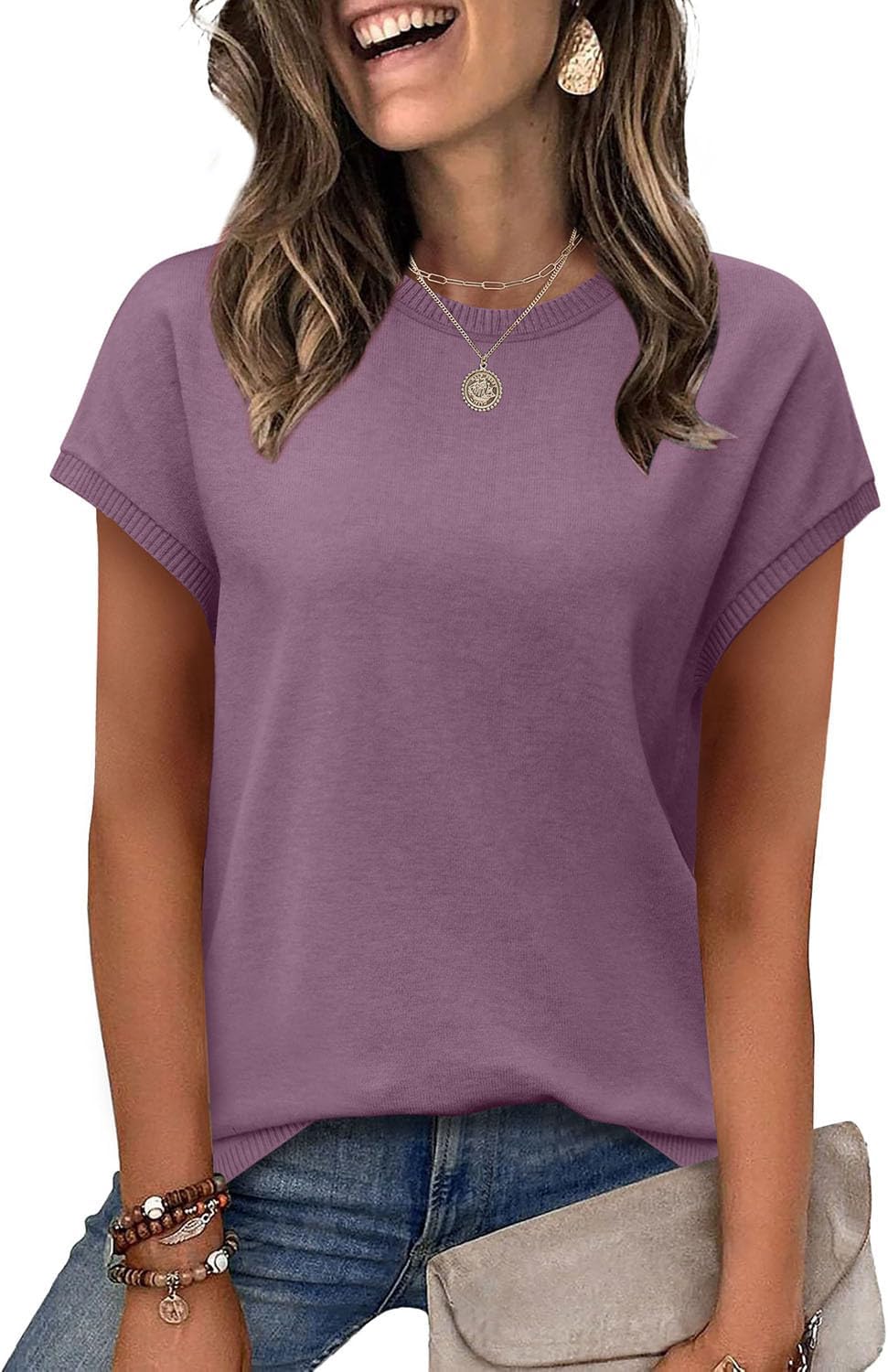 WIHOLL Short Sleeve Sweater for Women Summer Tops Crew Neck Fashion Clothing Tshirts Shirts Travel Outfits Dressy Casual