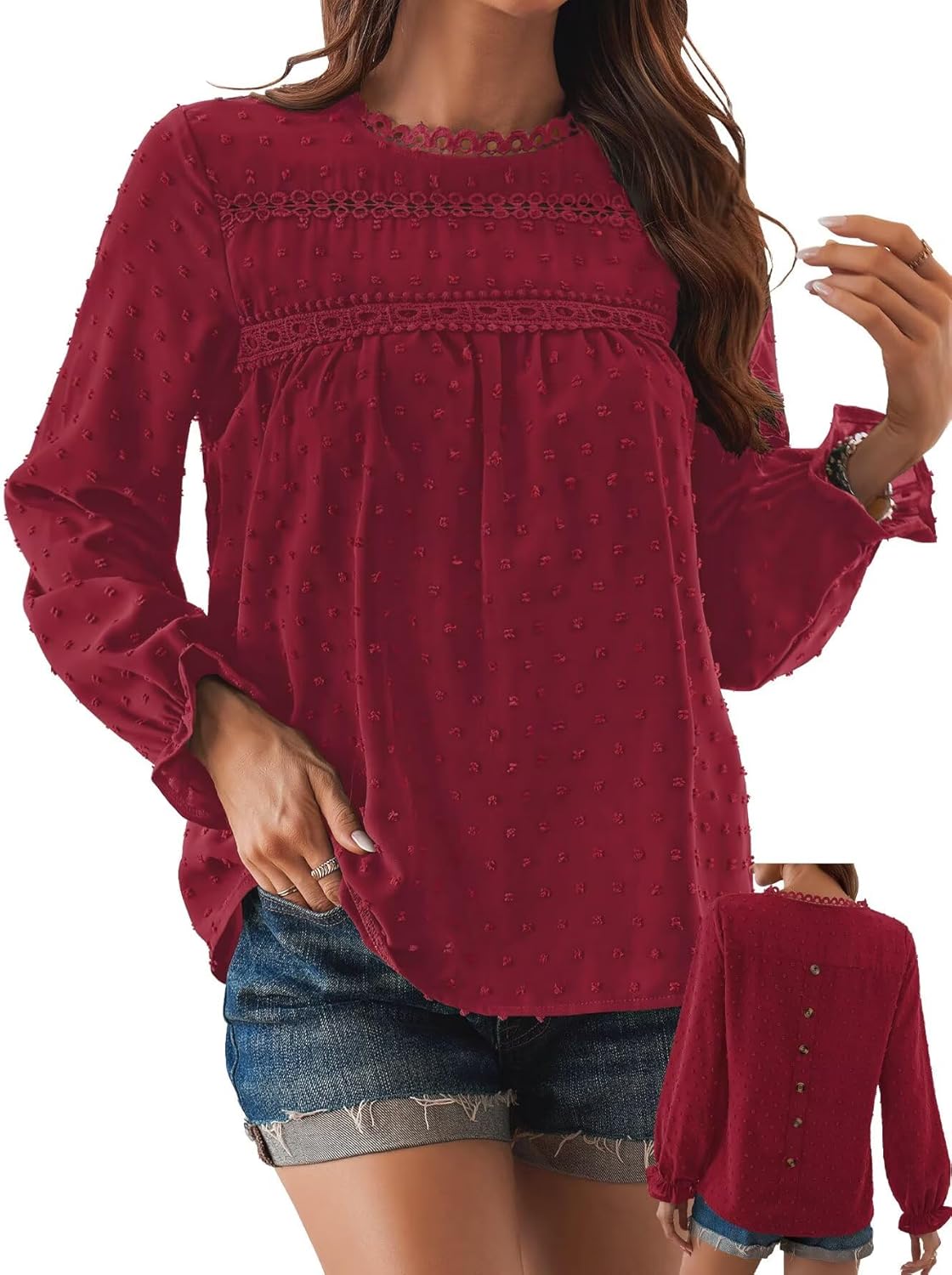 Womens Boho Tops Long Sleeve Shirts For Women Cute Crewneck Blouse Dressy Casual Swiss Dot Crochet Hollow Top 2026