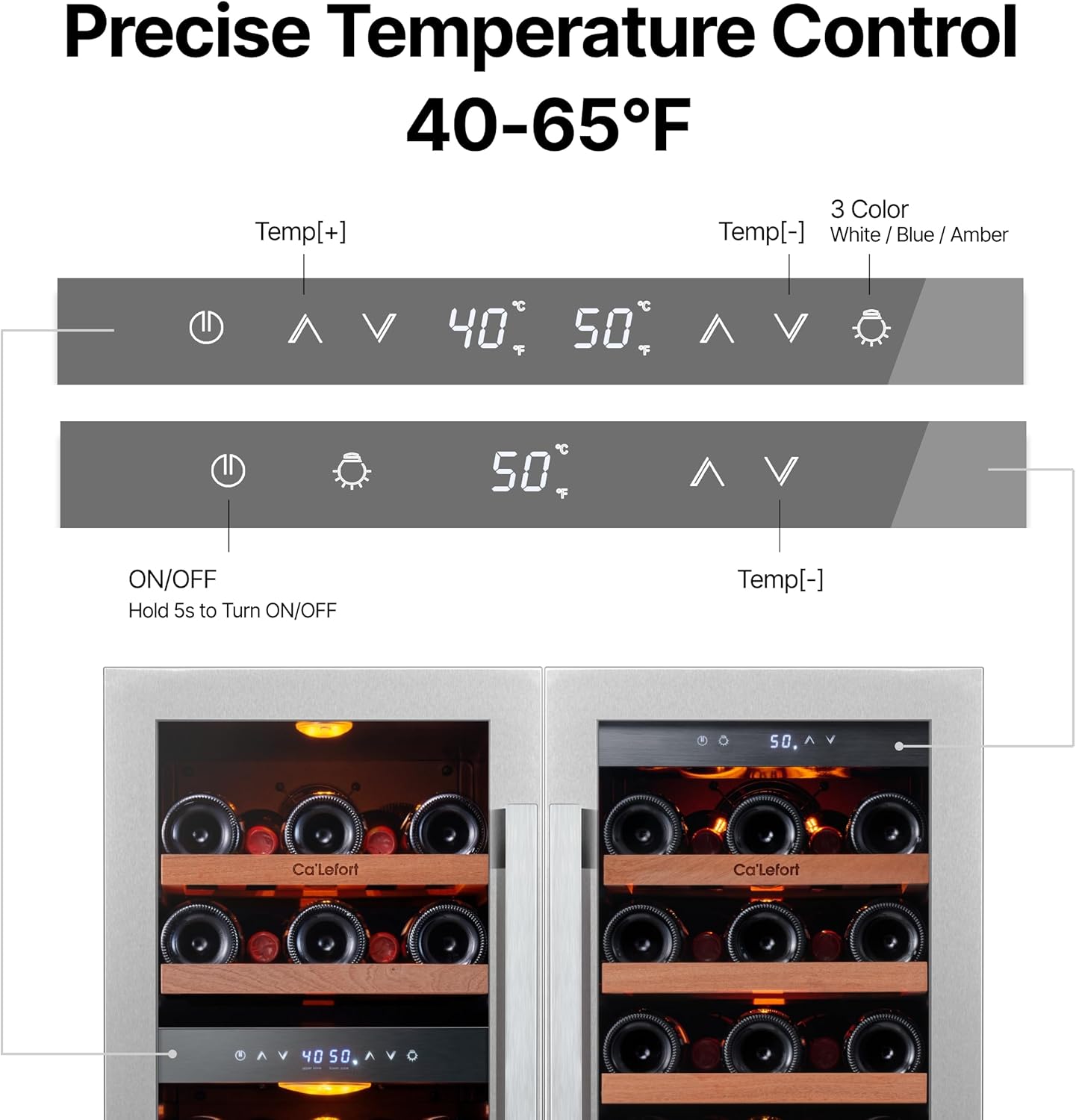 Ca'Lefort 15 Inch Wine Fridge Bundle, 61 Bottles Large Capacity Dual Zone 40-65°F Temp Control, Adjustable Shelves, Glass Door & 3-Color LED, Built-in or Freestanding for Home Bar Kitchen (2 Units)