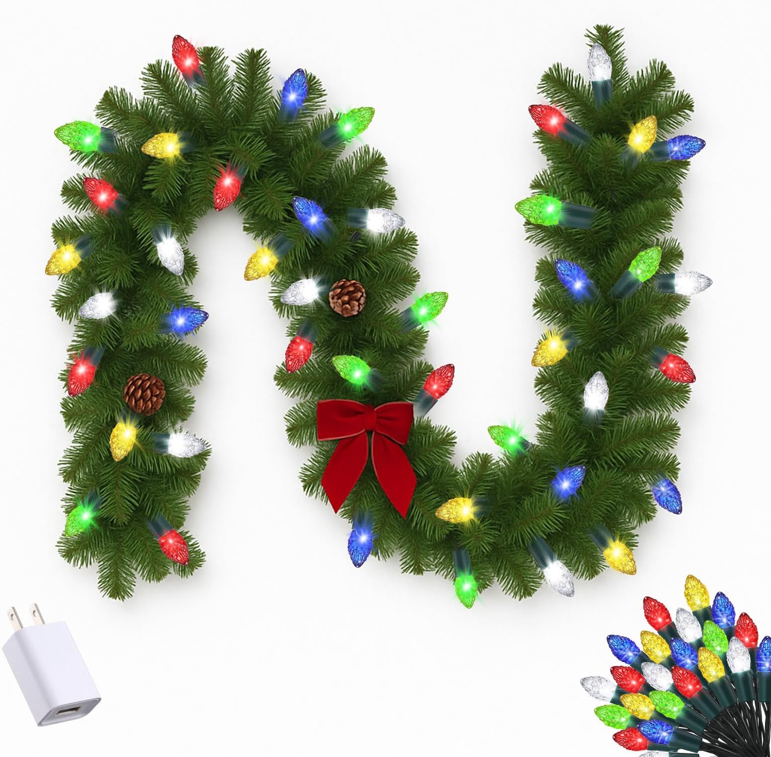 Mini Christmas Garland Light Christmas String Light with 25 Multicolor C7 LEDs Bulb 7 Ft Vintage String Decor with Adapter Small Lighted Holiday Decoration for Tabletop Xmas Tree Village