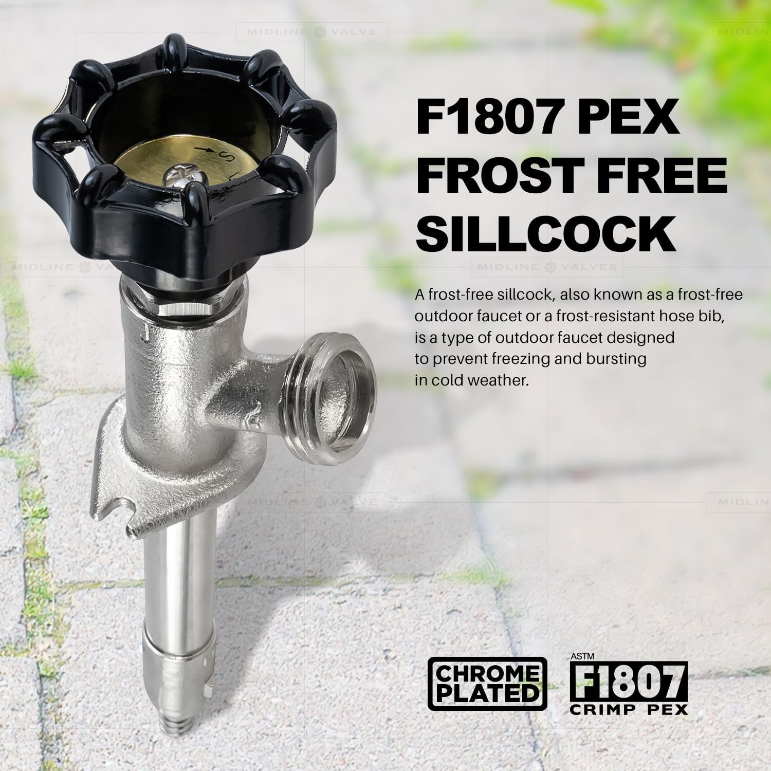 Midline Valve 14 Inch Frost-Free Sillcock, Chrome-Plated Brass Body – 1/2" PEX Inlet x 3/4" Hose Bib Outlet, Lead-Free