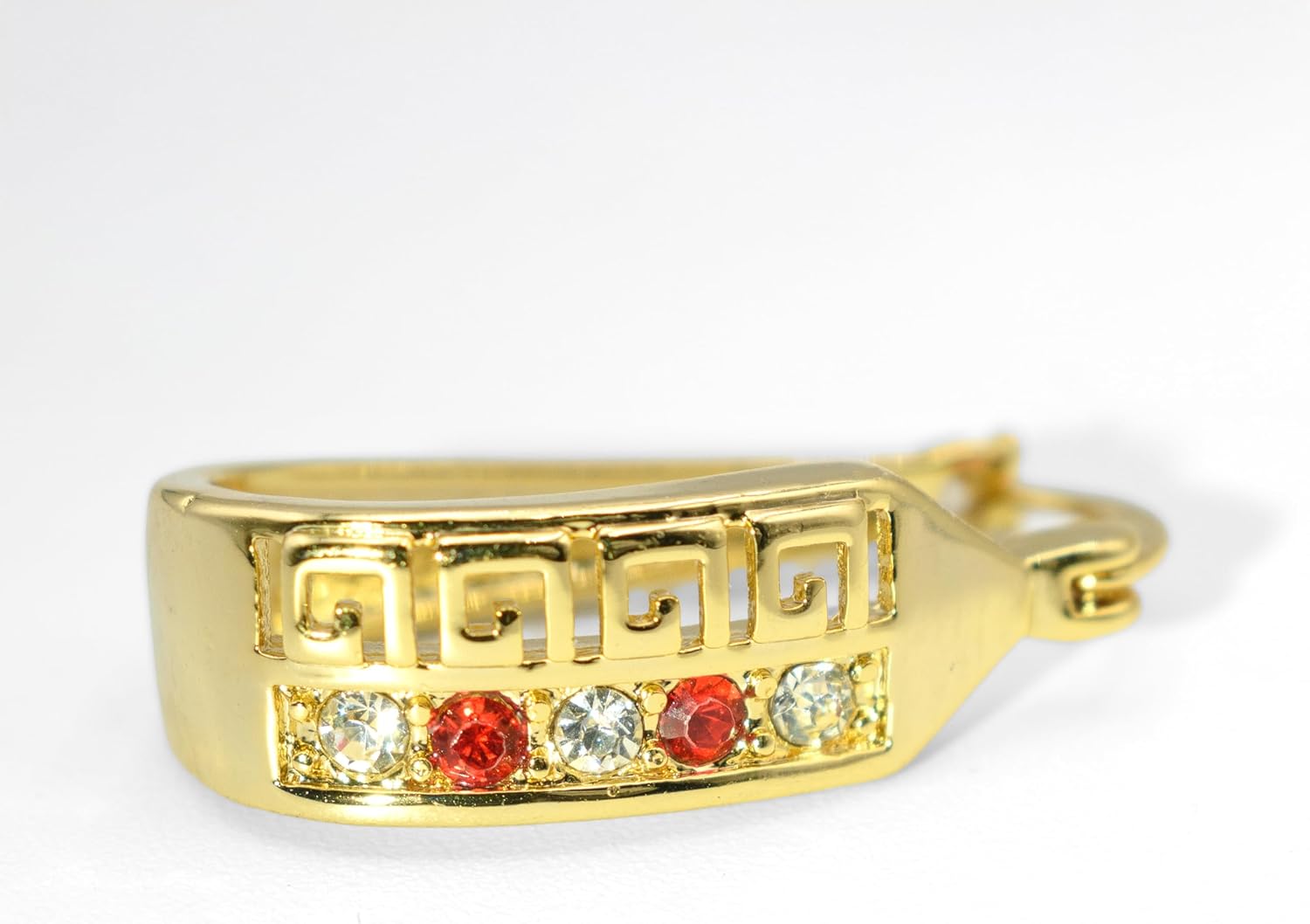 1.10" Inch Greek Key Yellow Gold Filled Plated Hoop Earrings, Simulated Red Ruby & White Diamond CZ Cubic Zirconia Accents - Image 4