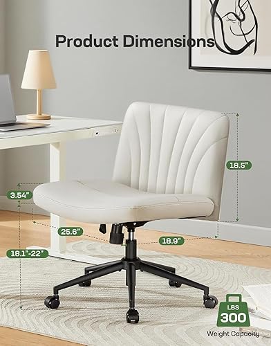 Miniatura 7 de Marsail Silla cruzada con ruedas, silla de escritorio ancha de piel sintética sin brazos, giratoria y altura ajustable, silla de oficina con patas