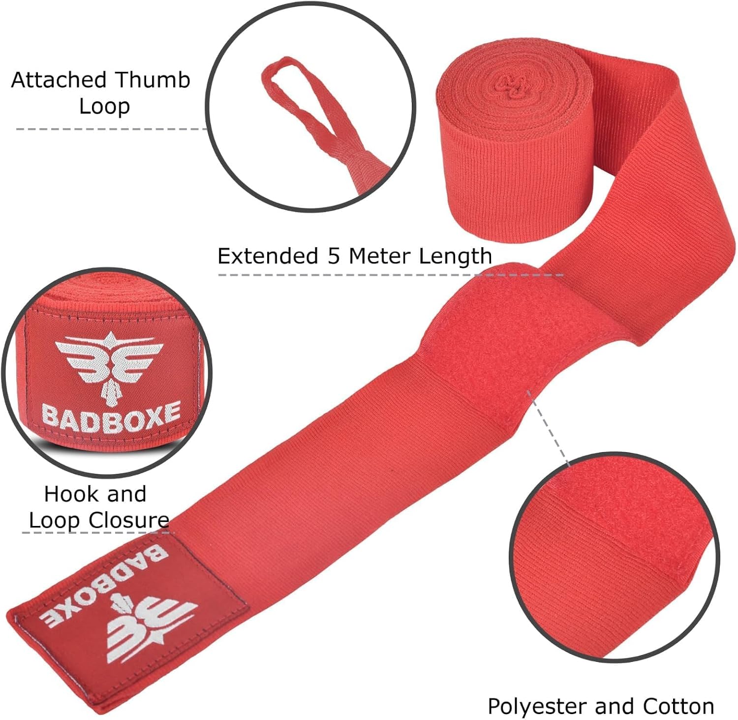 Boxing Hand Wraps, 4.5 Meter Length, 180" Inch Cotton-Polyester Blend, Hook and Loop Closure with Thumb Loop, 3 Colors