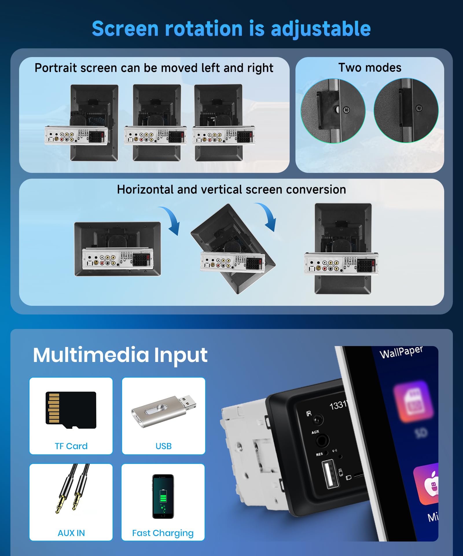 Rimoody Bezprzewodowe radio samochodowe 1 Din 10,1 cala z obrotowym ekranem dotykowym Radio samochodowe z Androidem Auto Mirror Link Bluetooth FM/AM/RDS/EQ USB/AUX, sterowanie na kierownicy, kamera